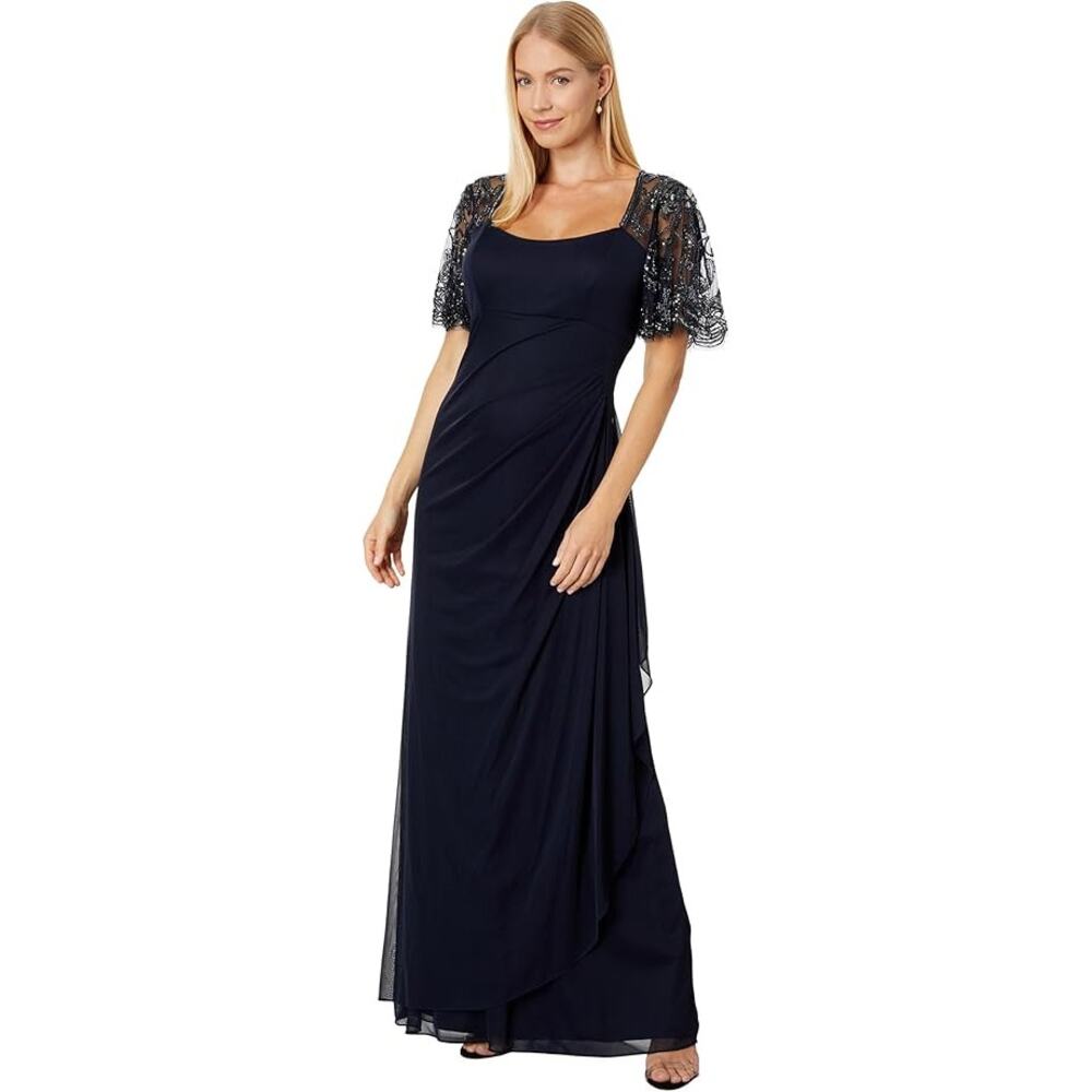 Xscape Ruched Jersey Maxi Dress Navy Blue Sheer Sequin Beaded Sleeve Size 22W